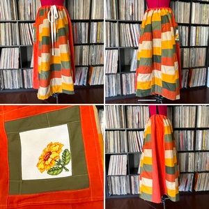 handmade patchwork skirt cross stitch sunflower 🌻 hippie festival 💛🧡💚🤎
